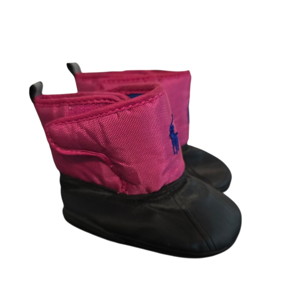 Polo Ralph Lauren Birta Pink Black Infant Snow Boots Size 3 USA Pony Logo Fleece